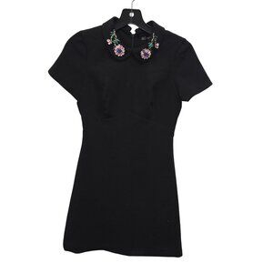Zara Trafaluc XS Black Short Sleeve Dress Removable Beaded Floral Peter Pan 3752